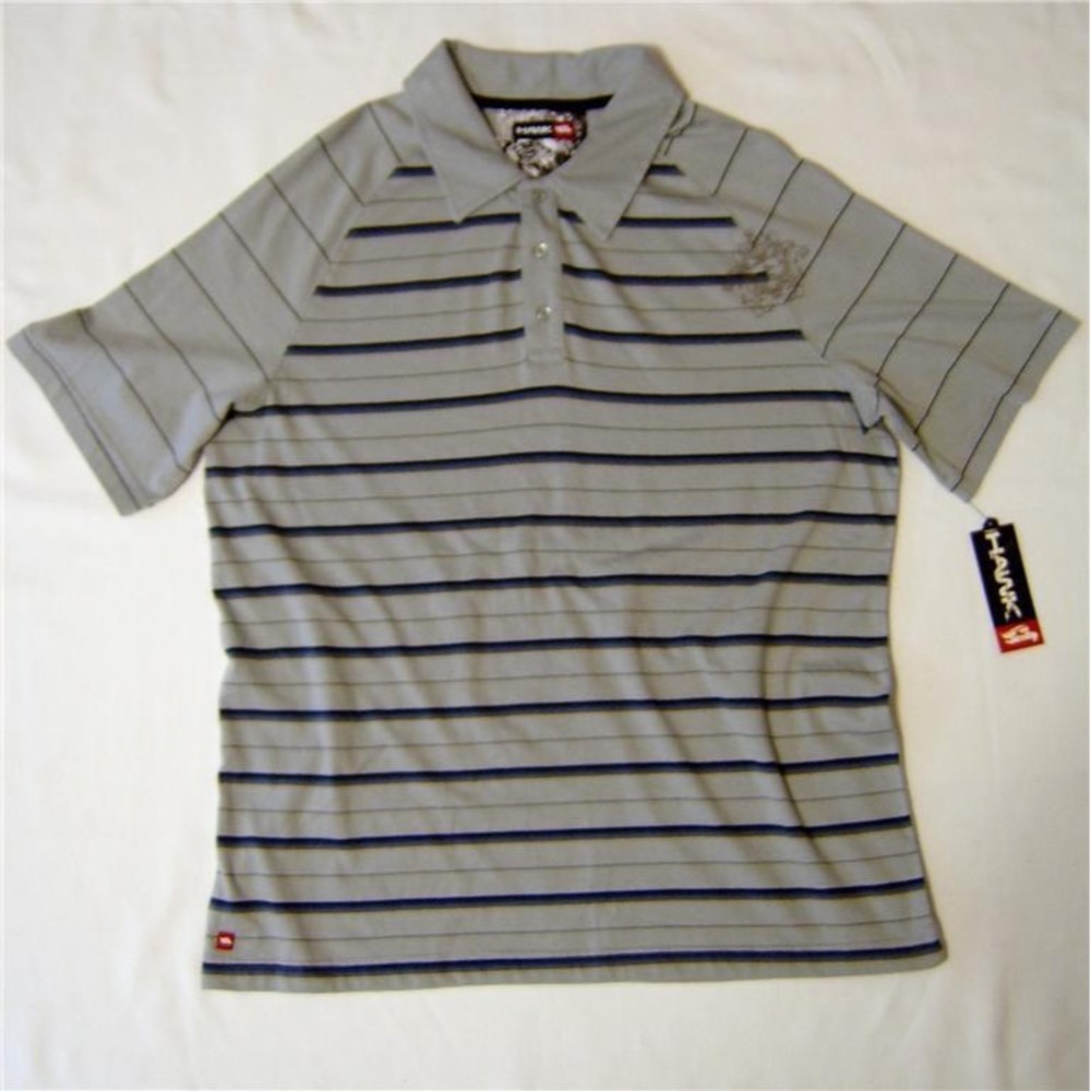 Y2K Tony Hawk Polo Shirt Young Mens L  Gray Striped Vintage SKATER NOS